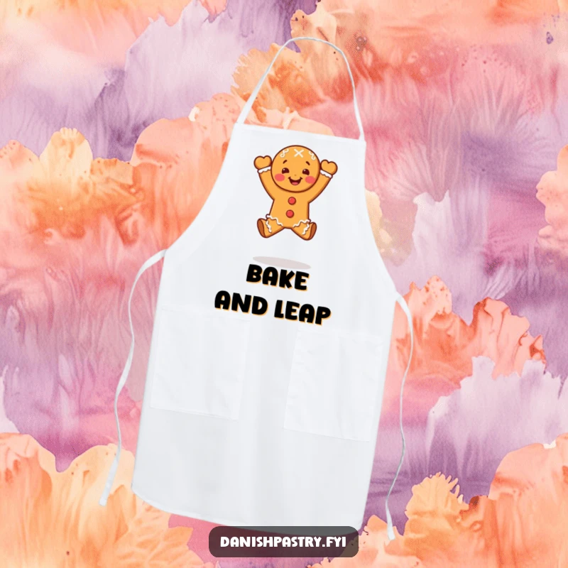Funny gingerbread person doing a celebratory leap, on a hilarious dessert-themed apron.