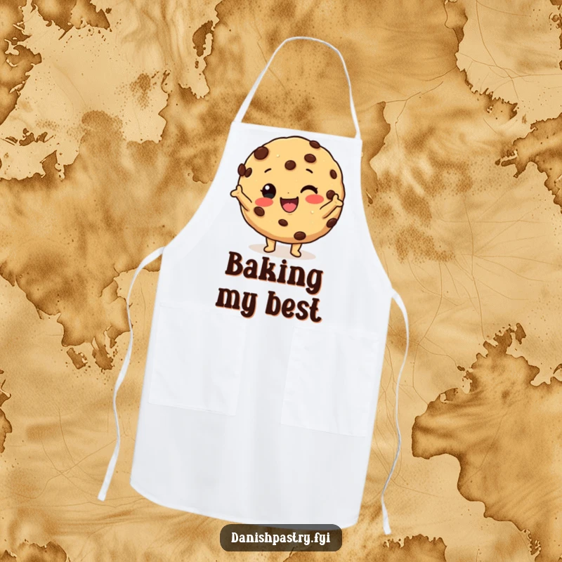 Funny cookie apron featuring a happy cookie character with chocolate chips striking a silly pose, ideal for kitchen humor.