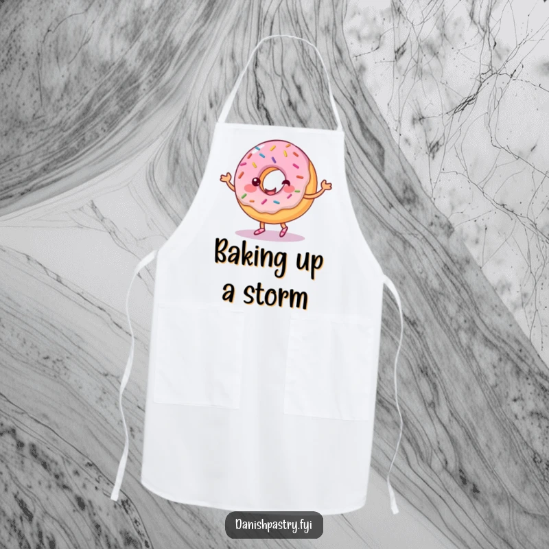Funny apron featuring a happy donut with sprinkles, dancing with a swirl of frosting. Humorous kitchen wear for bakers.