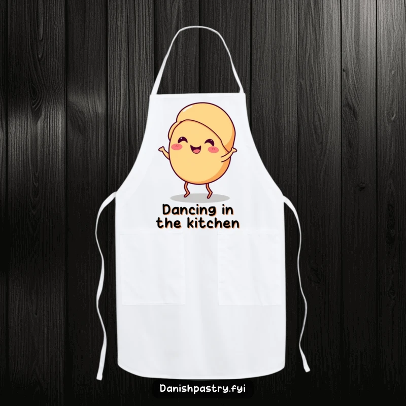 Funny croissant apron featuring a smiling croissant with tiny legs doing a cheerful jig, perfect for cooking and gift.