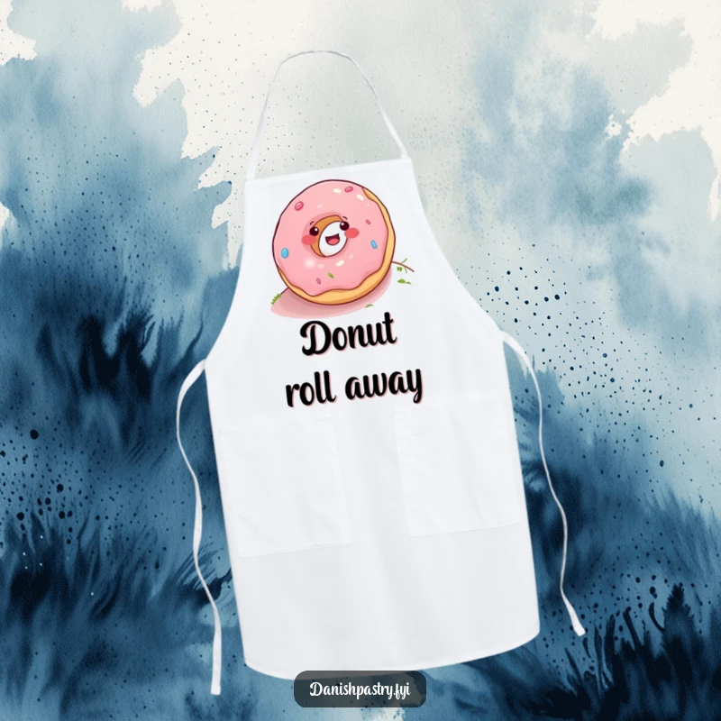 Funny donut joyfully rolling down a hill, printed on a practical apron, ideal for chefs who love to cook and laugh.