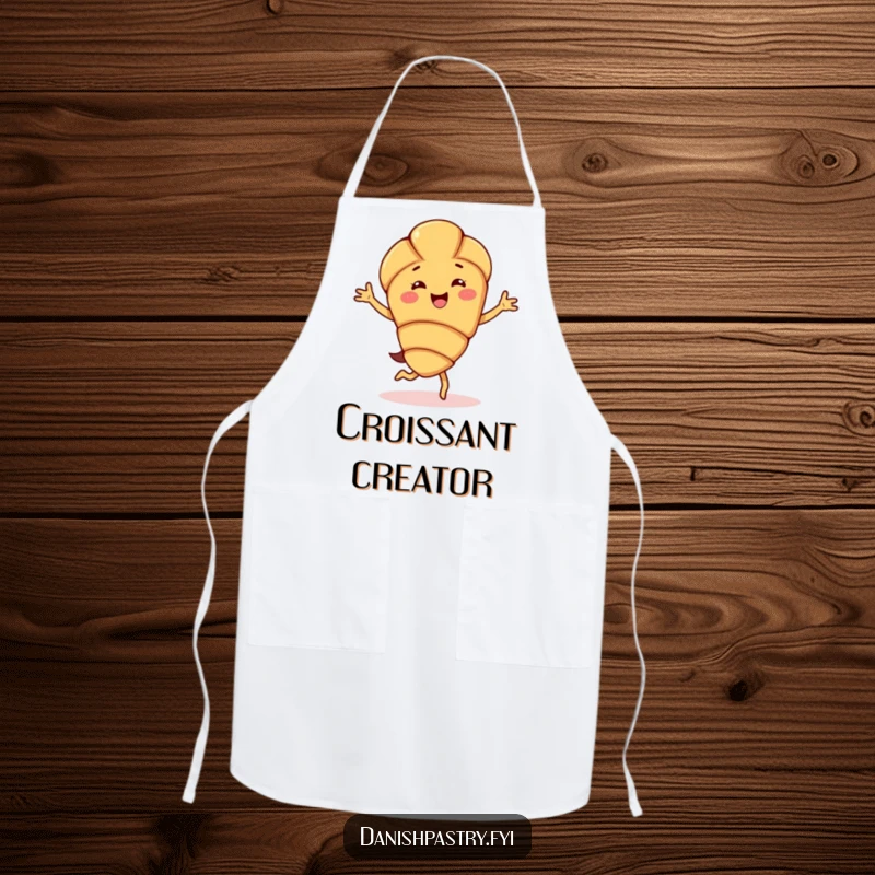 Funny almond croissant character apron, captured mid-happy jig, designed to bring pastry-themed fun and cheer to the cooking experience.