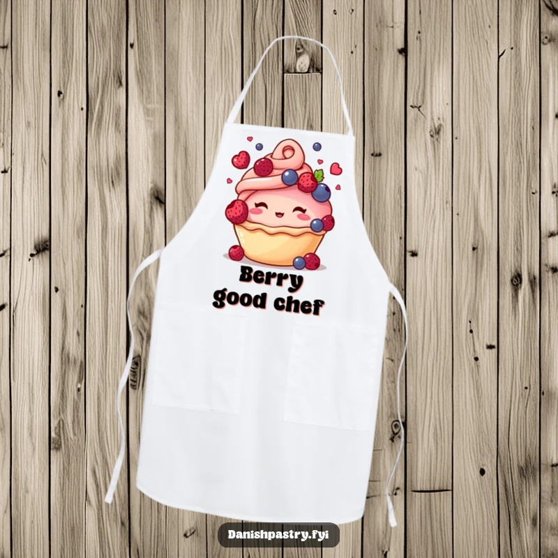 Funny apron showing a blushing pastry character juggling tiny berries, perfect for adding humor to kitchen tasks.