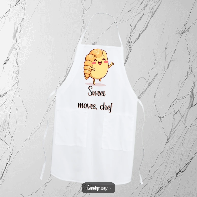 Funny Croissant Jig Apron showcasing a cheerful, jigging croissant, perfect for a humorous and functional kitchen accessory.