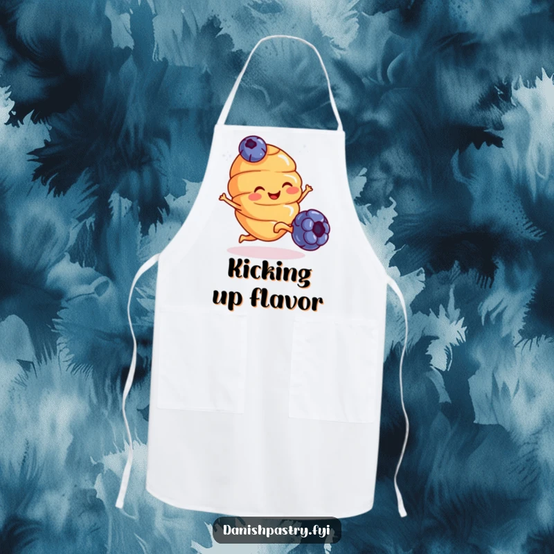 Funny Apron: A smiling croissant with tiny legs excitedly kicks a blueberry, bringing playful energy to any cooking session.