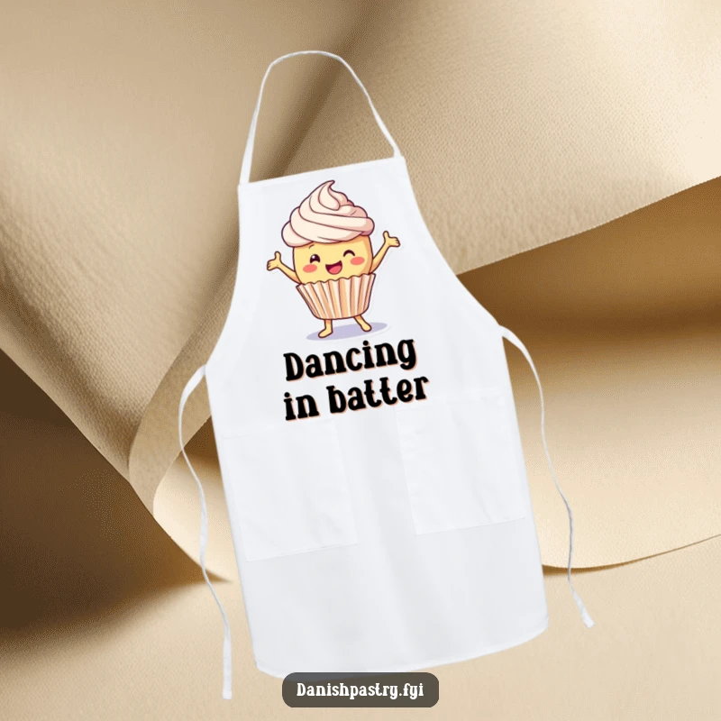 Funny Apron: A delighted cupcake with frosting performs a playful dance, bringing sweet energy to the kitchen.