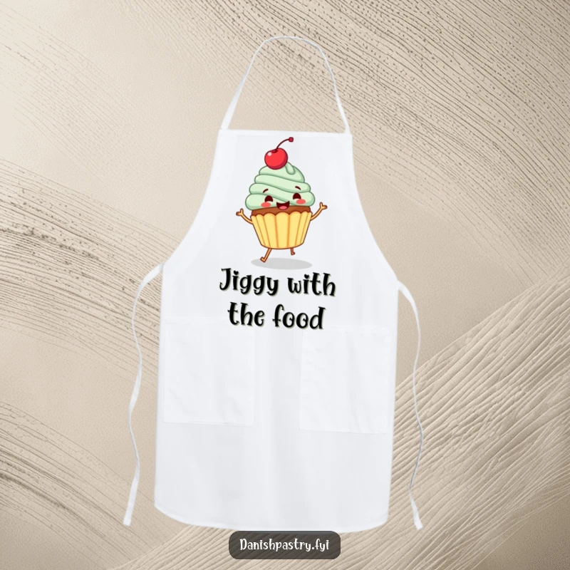 Funny apron featuring a gleeful cupcake with a cherry, doing a dance. Humorous kitchen wear for bakers.
