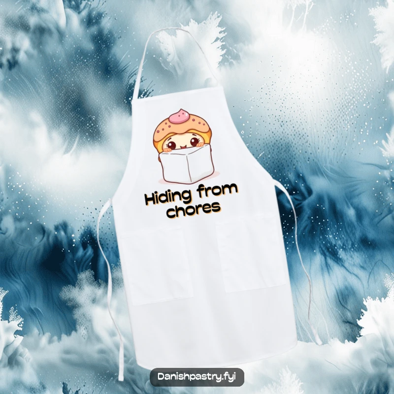 Funny apron showing a curious Danish pastry with icing peeking from behind a sugar cube, perfect for kitchen fun.