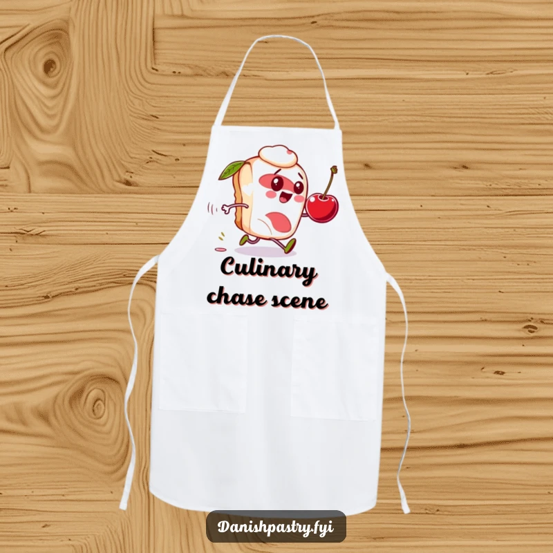 Funny Danish pastry apron, character comically chasing a rolling cherry, a humorous and practical kitchen accessory.