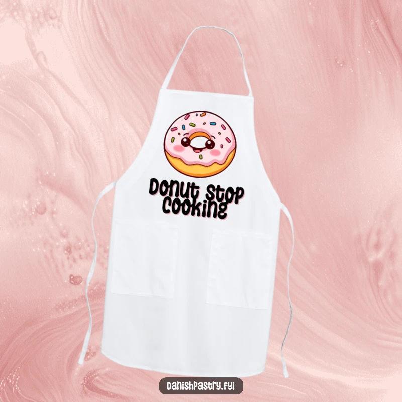 Funny donut apron, a cheerful character doing a playful bounce with wobbling sprinkles, perfect for cheerful baking.