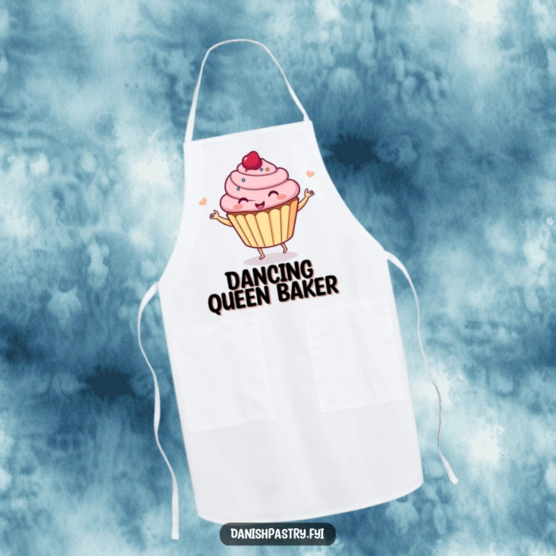 Funny cupcake dancing with joy, printed on a functional apron, perfect for chefs who enjoy a sweet laugh.