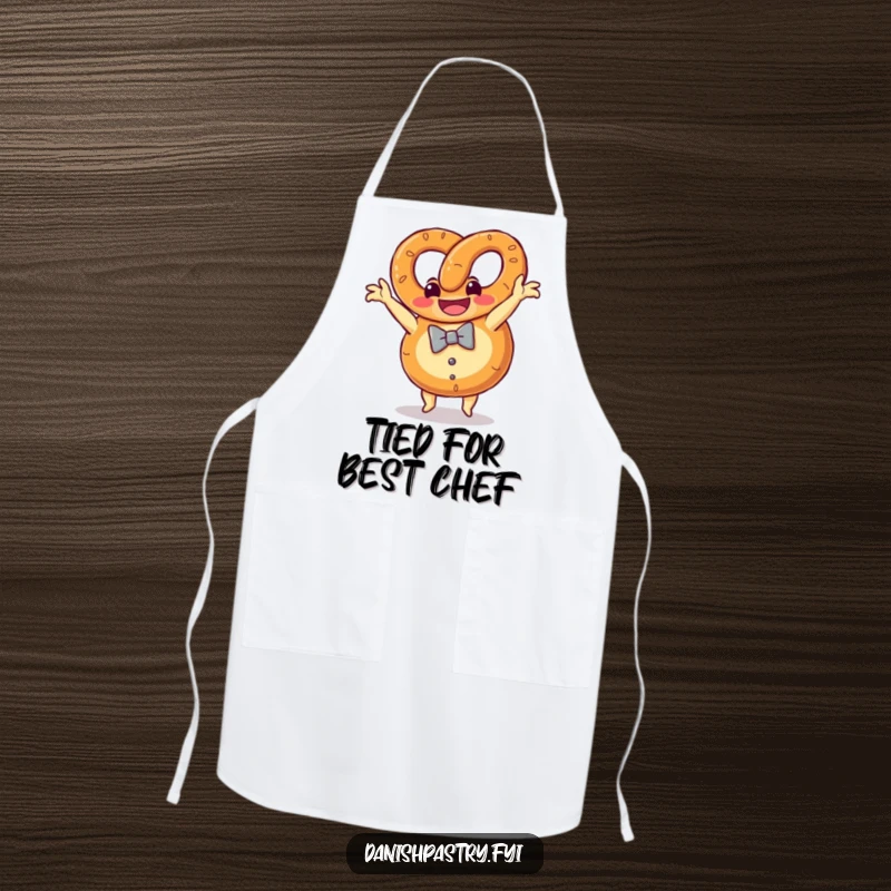 Funny pretzel with a bow tie grinning doing a somersault, a playful and protective apron for chefs.