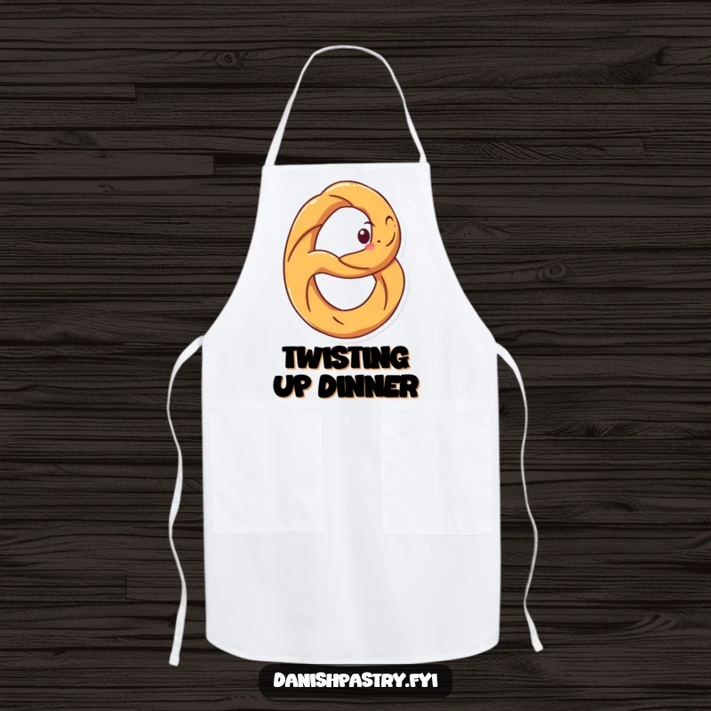 Funny apron featuring a grinning pretzel spinning. Humorous kitchen wear for bakers and snack enthusiasts.