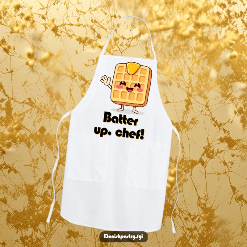 Funny kitchen apron featuring a smiling waffle with dripping syrup, waving enthusiastically, perfect for cooking and baking.