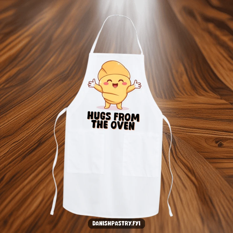 Funny Croissant Hug Apron featuring a smiling character offering an embrace, adding warmth and humor to cooking activities.