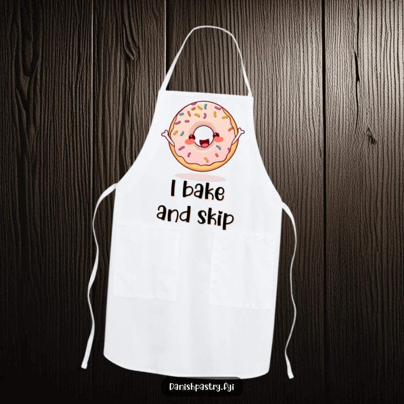 Funny donut with sprinkles skipping rope enthusiastically, a cheerful and protective apron for bakers and chefs.