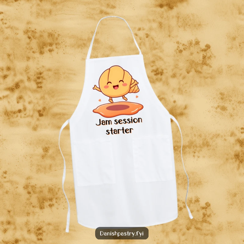 Funny apron showing a happy cartoon croissant with legs, jumping over a jam puddle. Humorous kitchen wear for bakers.
