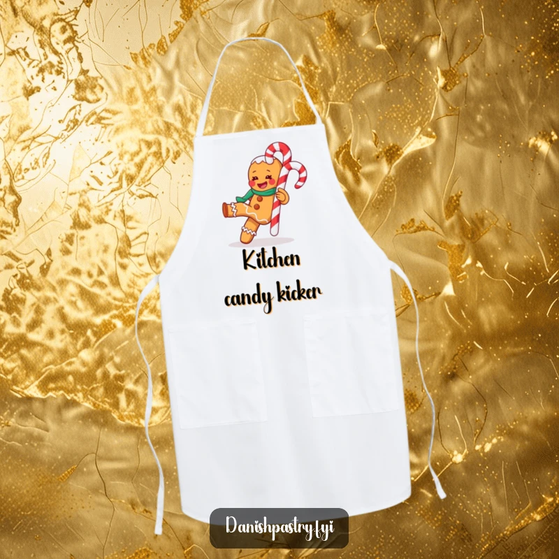 Funny apron featuring a gleeful gingerbread man kicking a candy cane, adding humor and festivity to cooking or baking.