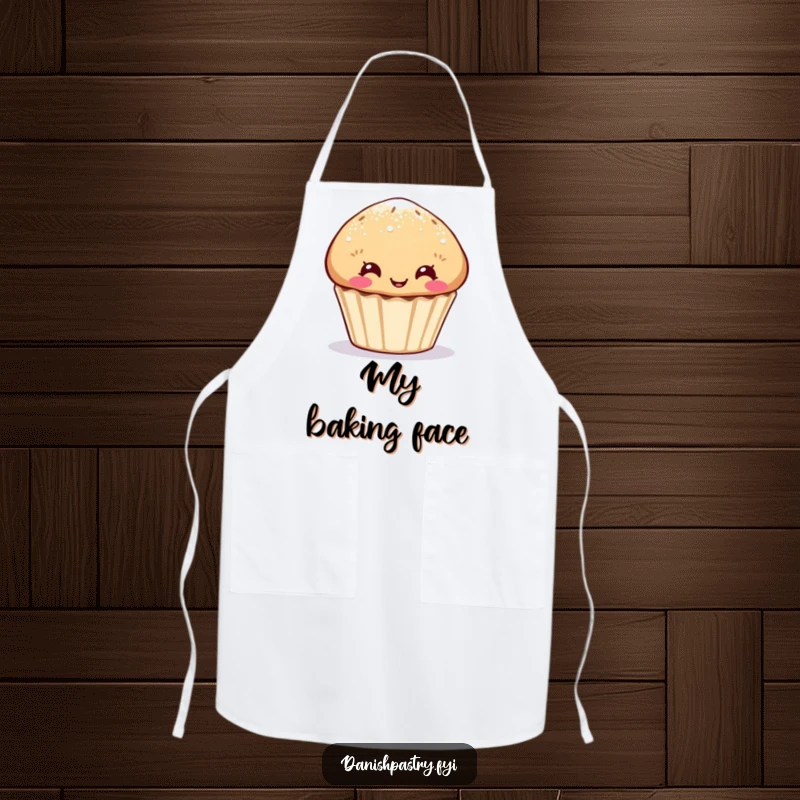 Funny muffin apron, sugar-dusted character making a funny face, a humorous and practical kitchen accessory.