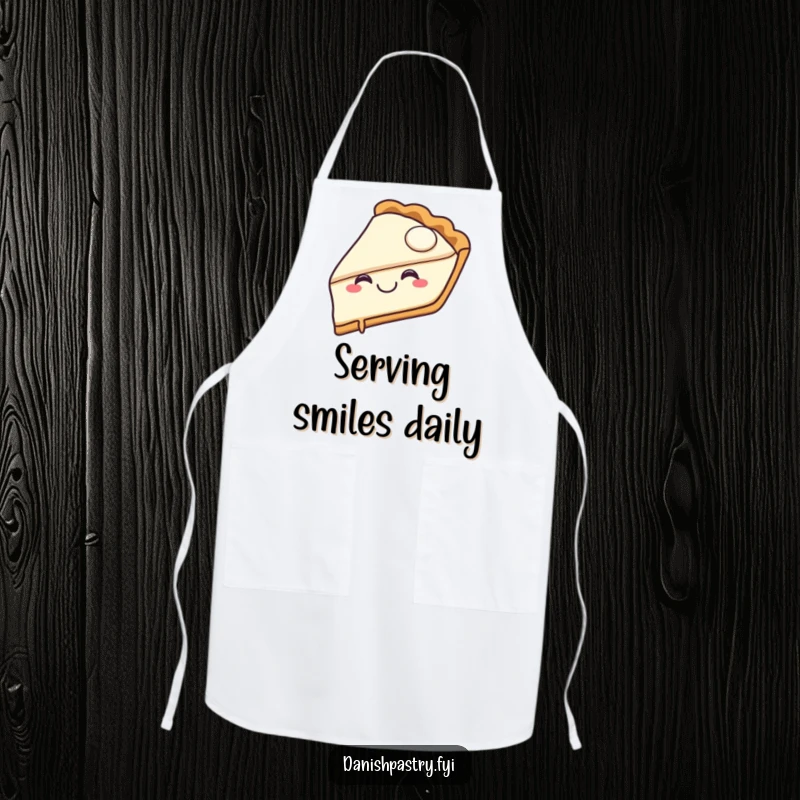 Funny pie slice apron featuring a joyful pie character with a happy grin biting into itself, ideal for kitchen humor.