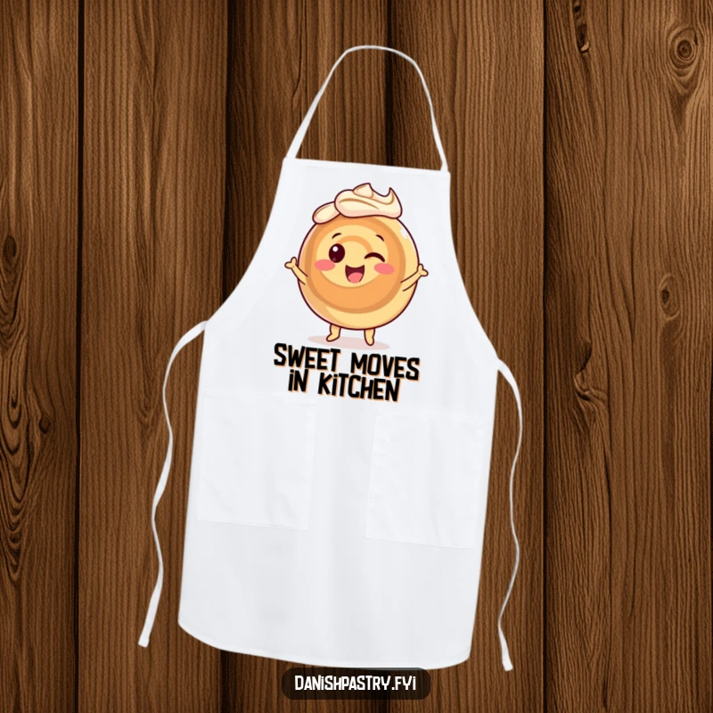 Funny cinnamon roll apron, a smiling pastry character dancing with dynamic icing swirls, ideal for kitchen fun.