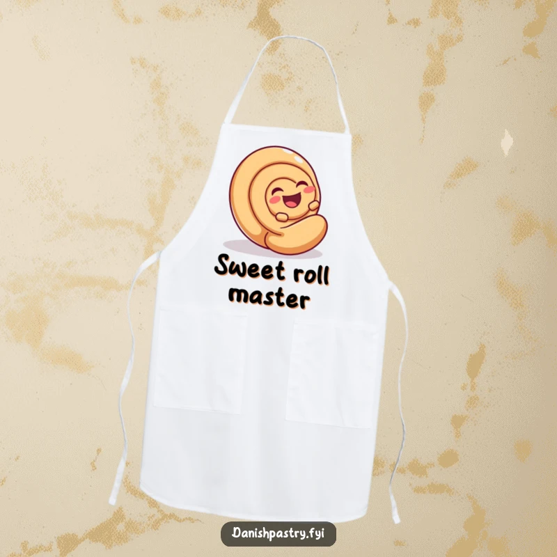 Funny Cinnamon Roll Roll Apron showcasing a laughing cinnamon roll rolling, perfect for a humorous and practical kitchen accessory.