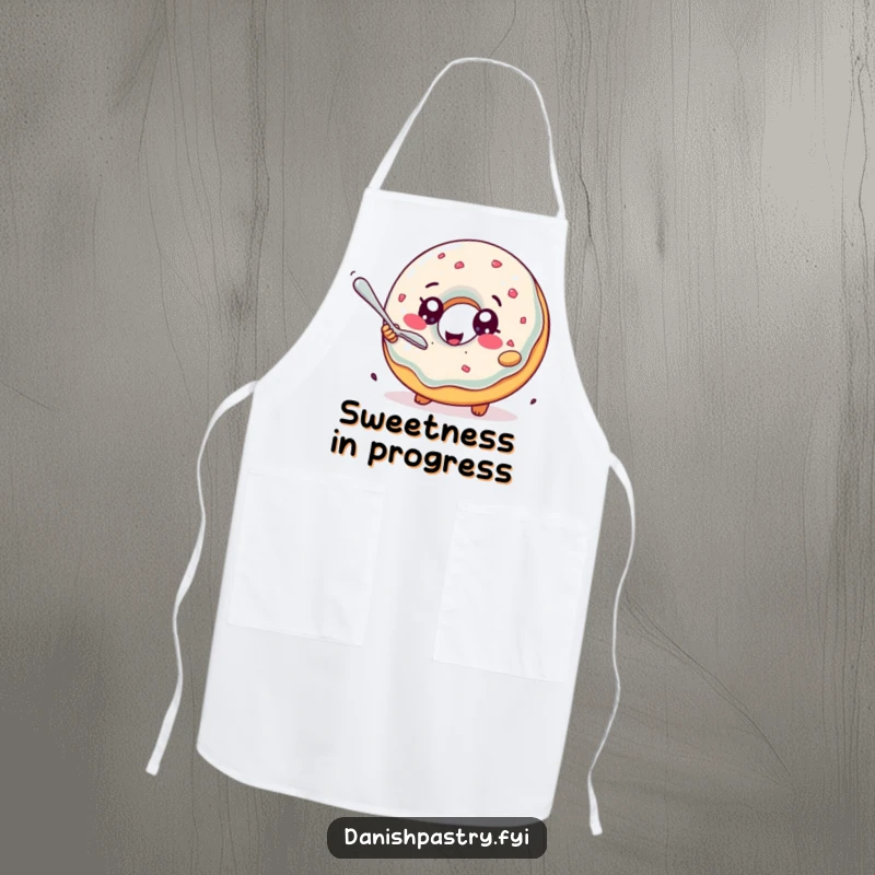 Funny Apron: A delighted jelly donut with sparkling eyes humorously chases a tiny spoon, a fun and protective kitchen accessory.