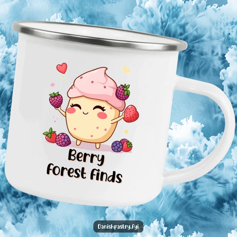 Funny muffin winking and juggling berries, depicted on a durable camping mug, perfect for outdoor adventures and cheerful mornings.
