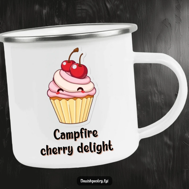 Funny cupcake with frosting bouncing a large cherry, a durable and cheerful camping mug for sweet outdoor moments.