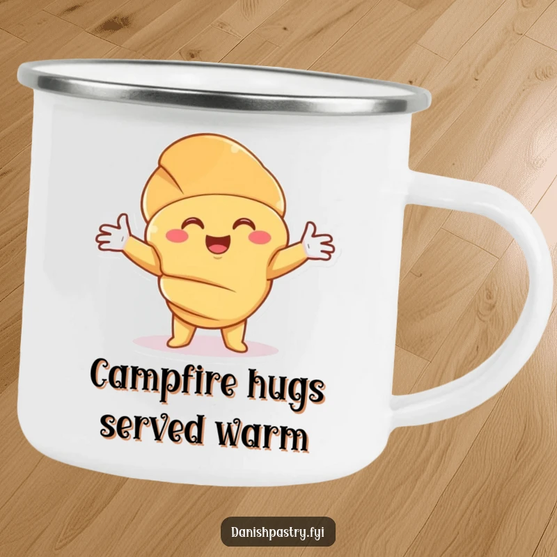 Funny Croissant Hug Camping Mug with a smiling character offering an embrace, bringing warmth and humor to outdoor adventures.