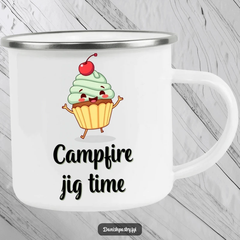 Funny camping mug with a gleeful cupcake, cherry topping, and dancing. Durable and humorous outdoor drinkware.