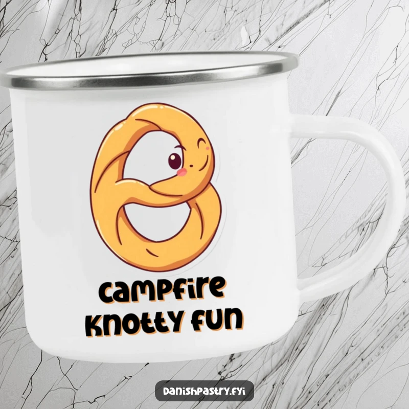 Funny camping mug with a happy pretzel, grinning and spinning. Durable and humorous outdoor drinkware.