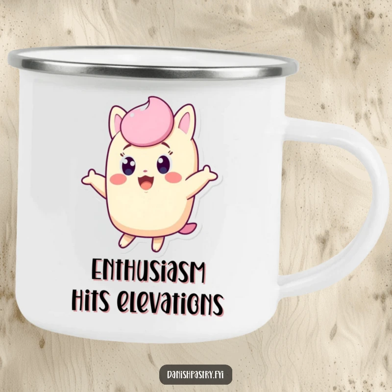 Funny Twinkie camping mug, excited character jumping for joy, durable and humorous for outdoor trips.