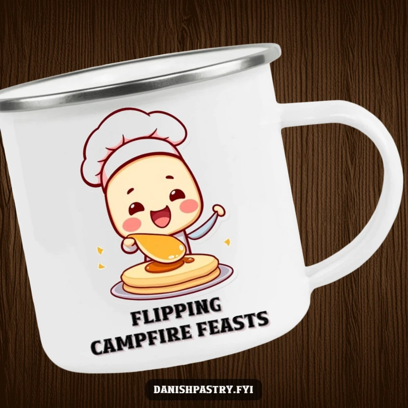 Funny Danish Pastry Chef Camping Mug with a character flipping a pancake, bringing breakfast fun to outdoor adventures.