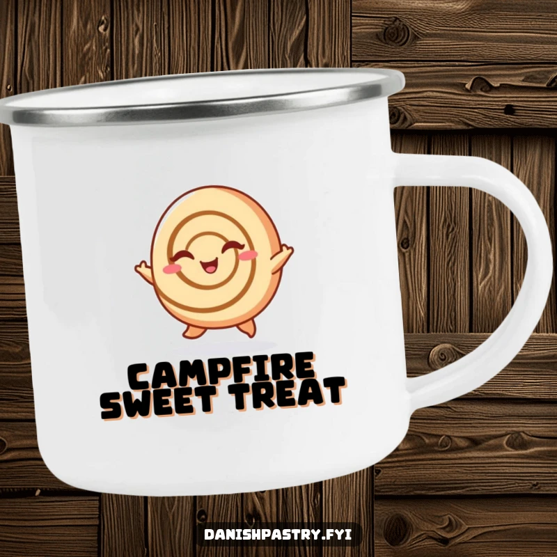 Funny Cinnamon Roll Camping Mug: A cheerful cinnamon roll hopping and winking, perfect for outdoor enjoyment, a sweet funny gift.