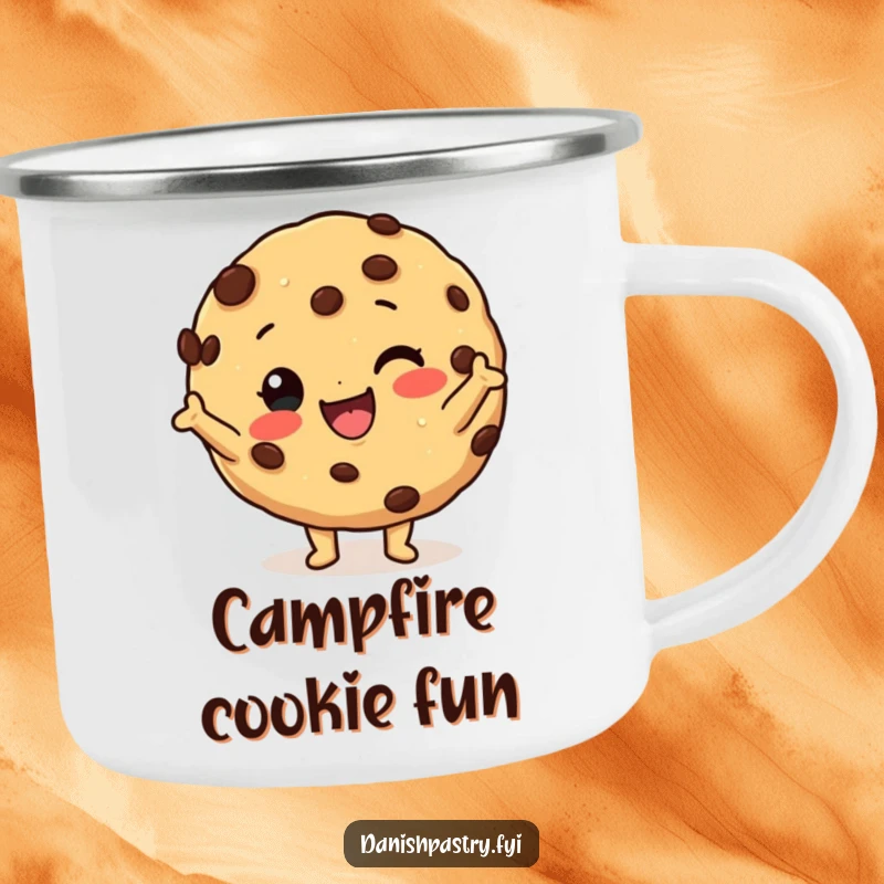 Funny cookie camping mug showing a happy character with chocolate chips in a silly pose, perfect for outdoor laughs.