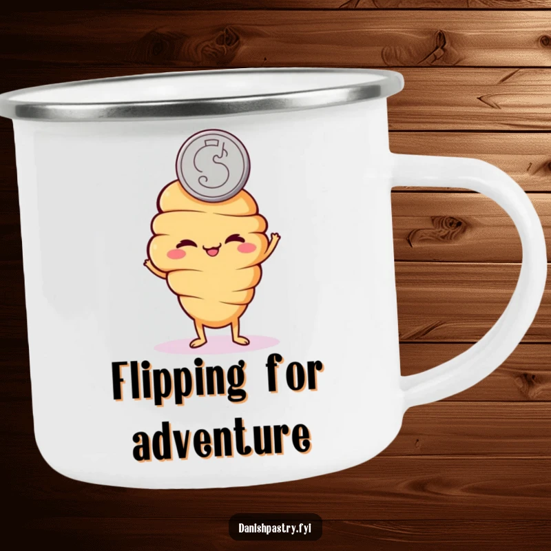 Funny camping mug with a mischievous croissant character flipping a coin, ready for fun adventures.