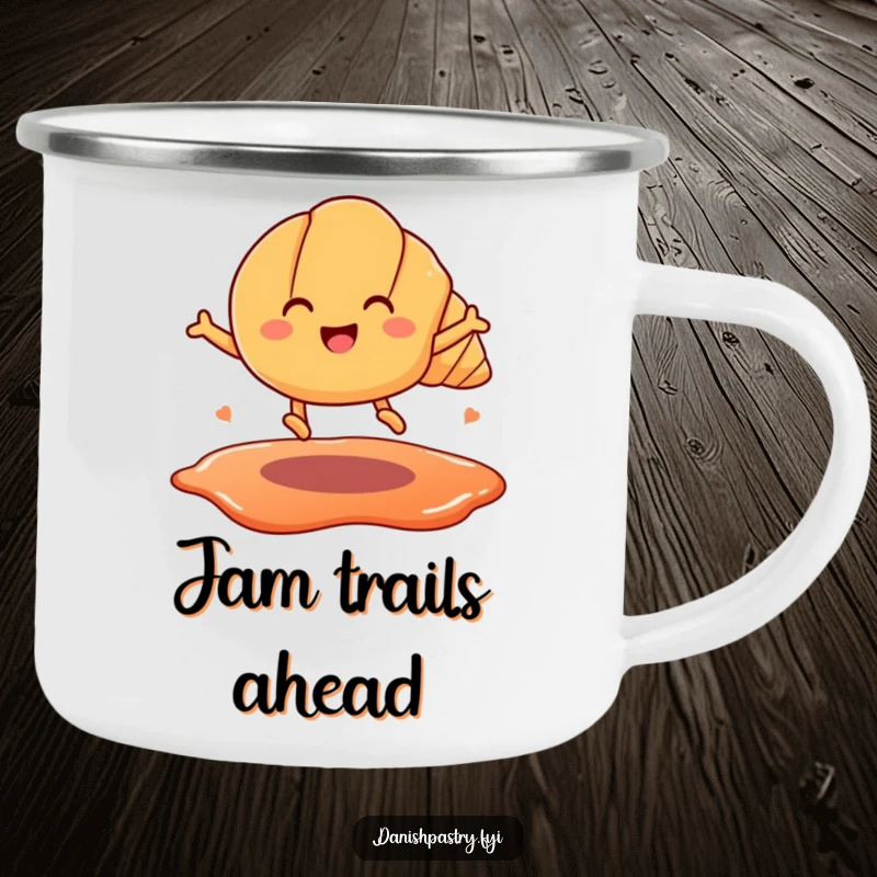 Funny camping mug with a happy croissant with legs, leaping over a jam puddle. Durable and humorous outdoor drinkware.