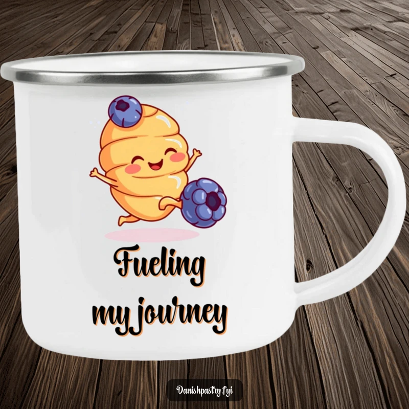 Funny Camping Mug: A smiling croissant with tiny legs kicks a blueberry, celebrating breakfast with humor on the go.