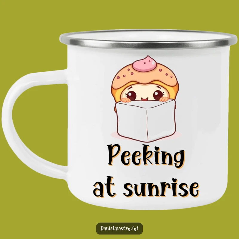 Funny Curious Danish Pastry Peeking Camping Mug - Outdoor Sweet Treat Gift