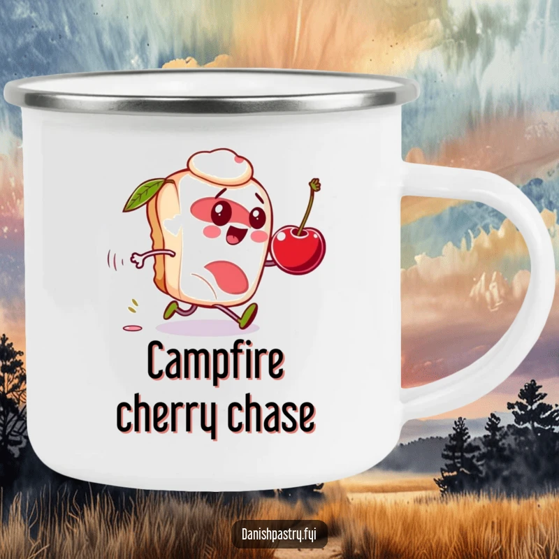 Funny Danish pastry camping mug, character comically chasing a rolling cherry, durable and humorous for outdoor use.