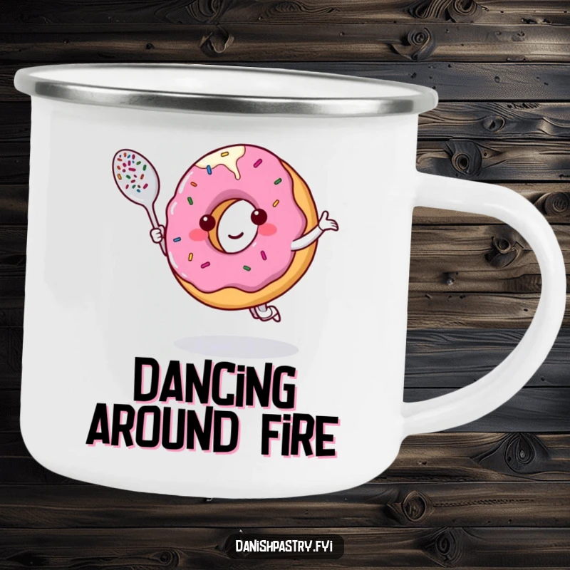 Funny camping mug with a smiling donut character dancing with a sprinkle-covered spoon, ready for sweet adventures.