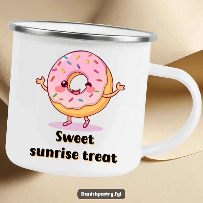 Funny camping mug with a happy donut, sprinkles, and dancing frosting. Durable and humorous outdoor drinkware.