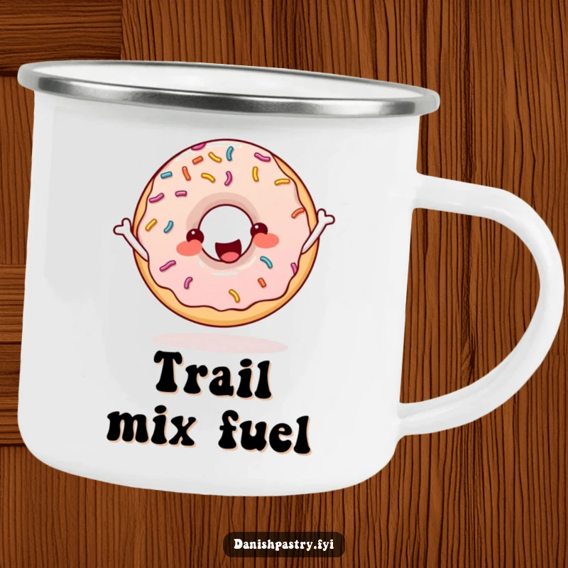 Funny donut with sprinkles skipping rope enthusiastically, a sturdy and cheerful camping mug for outdoor adventures.