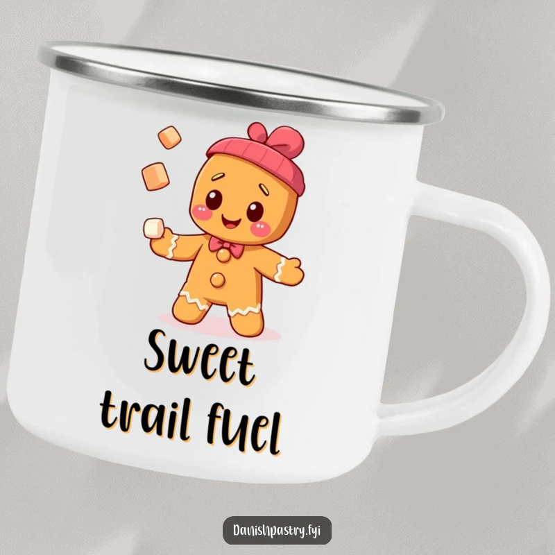 Funny cheerful gingerbread man character juggling sugar cubes, on a camping mug, bringing sweet humor to adventures.