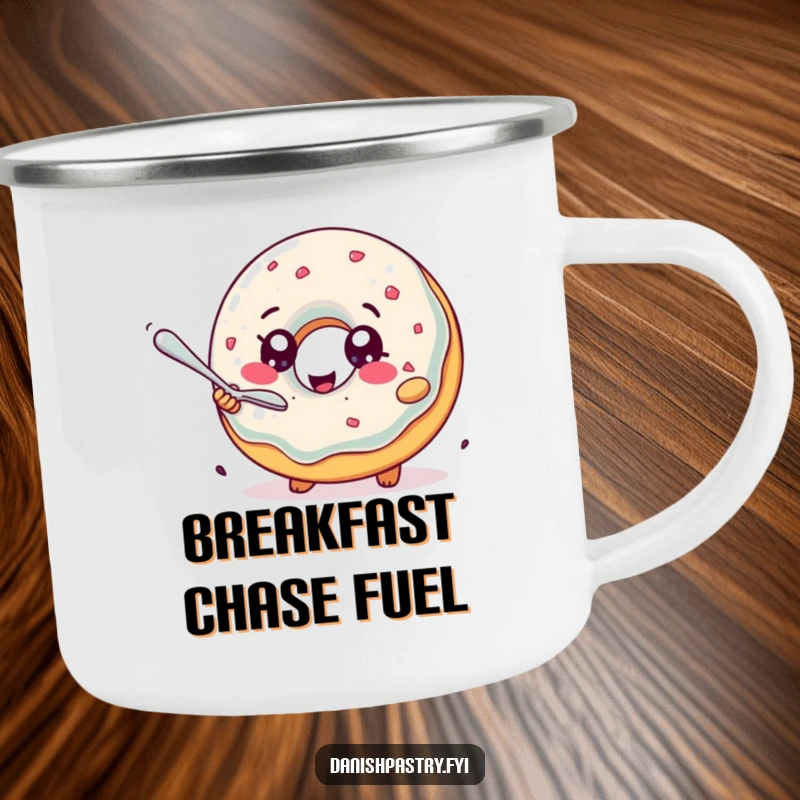 Funny Camping Mug: A delighted jelly donut with sparkling eyes humorously chases a tiny spoon, a sturdy and amusing outdoor mug.