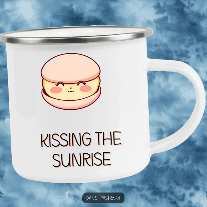 Funny camping mug featuring a happy macaron with rosy cheeks, blowing a kiss, durable and charming for outdoor enjoyment.