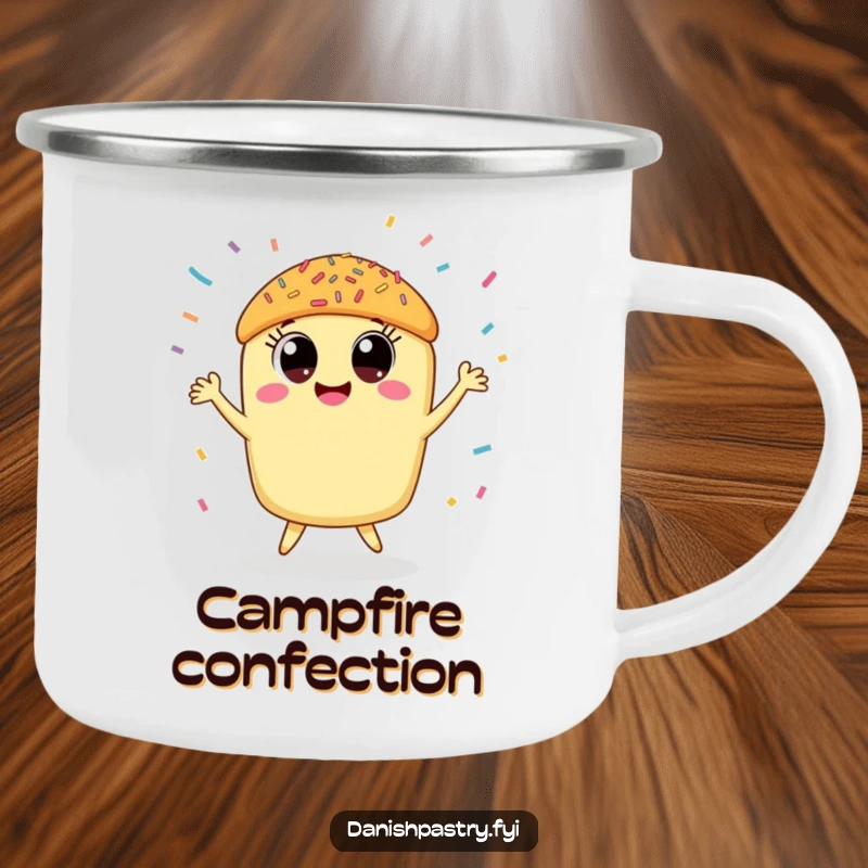 Funny pastry camping mug showing a smiling pastry dancing joyfully under falling sprinkles, designed for sweet outdoor enjoyment.