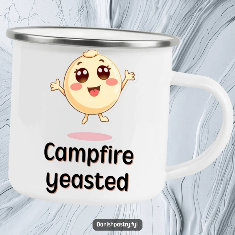 Funny Camping Mug depicting a round pastry character with wide eyes, joyfully jumping. A rugged and humorous mug for outdoor enthusiasts.