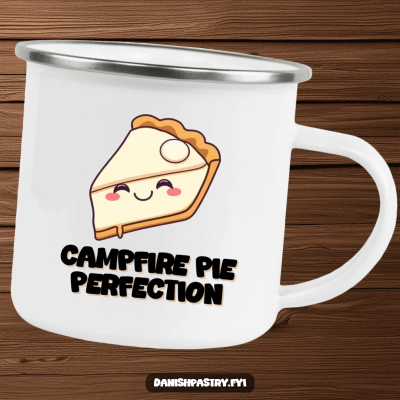 Funny pie slice camping mug showing a joyful character with a happy grin taking a bite, ideal for outdoor laughs.